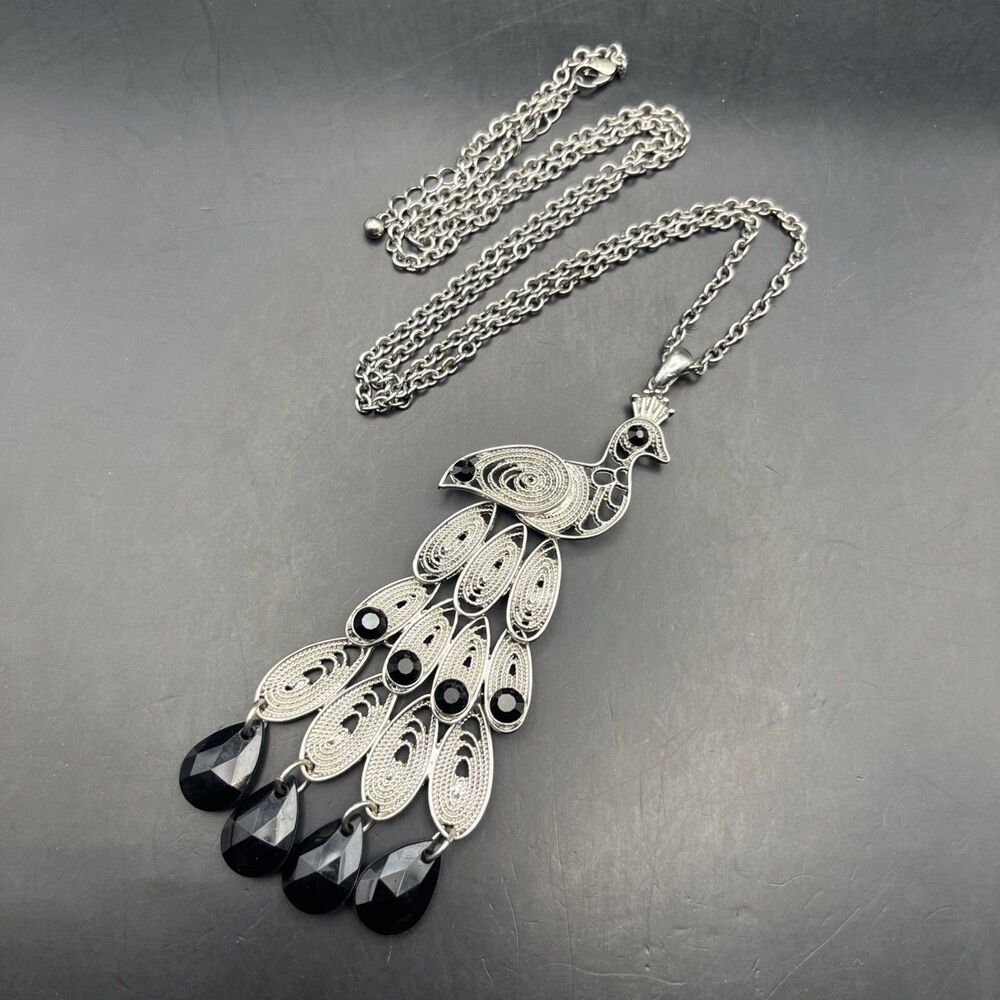 Peacock Pendant Statement Necklace Silver Tone Black Rhinestone Filigree Fringe